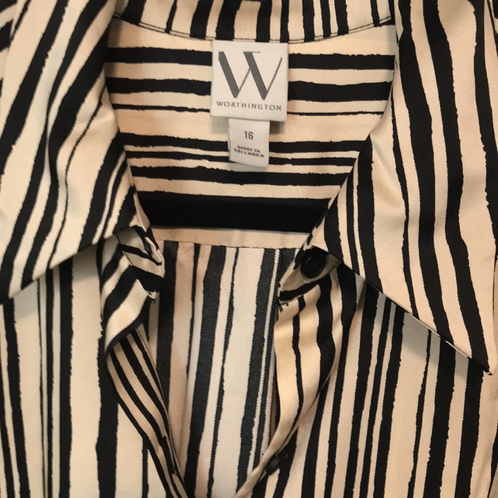 Worthington Women's 16 Shirt Dress Black Tan Satin Stripe Belted Midi - Picture 4 of 7